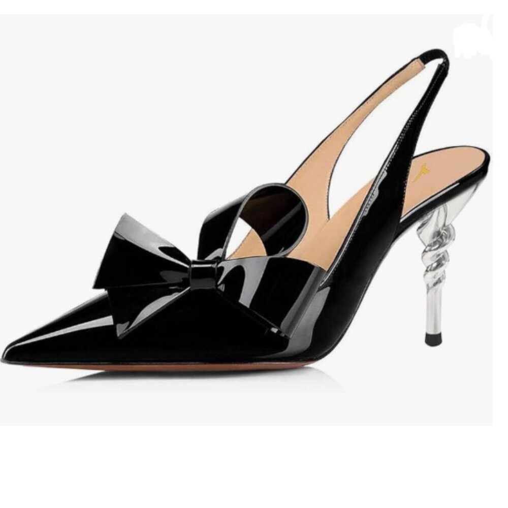 YDN Black Bow Pointed Toe Slingback Slip on Dress Pumps Stiletto Heels Shoes